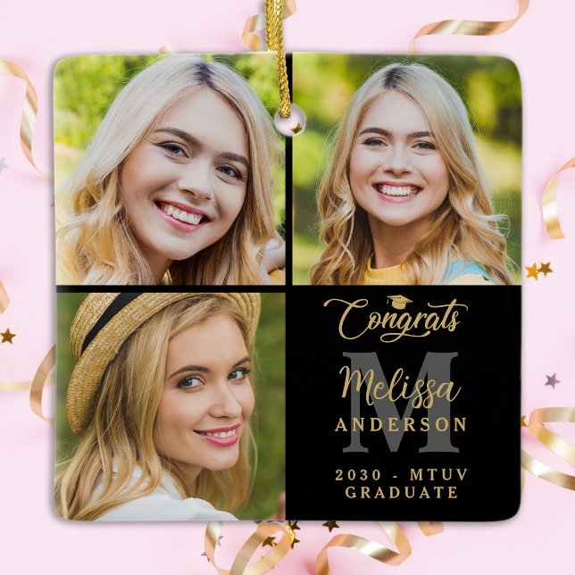 Elegant Graduation Personalized 3 Photo Collage Ceramic Ornament (Creator Uploaded)