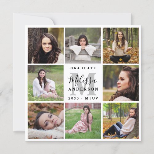 Elegant Graduation Personalized 8 Photo Collage Invitation - Invite friends and family to your graduation with these modern and elegant photo collage graduation invitation cards. Customize with 8 of your favorite senior or college photos, and personalize with monogram initial, name, graduating year, high school or college initials and graduation details. These unique trendy and stylish graduation invitation cards will make a lasting impression with family, friends, and your fellow classmates! COPYRIGHT © 2020 Judy Burrows, Black Dog Art - All Rights Reserved. Elegant Graduation Personalized 8 Photo Collage Invitation