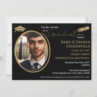 Elegant Graduation Photo Black Gold Cap, Diploma 