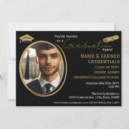 Elegant Graduation Photo Black Gold Cap, Diploma Announcement