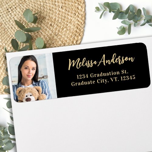 Elegant Graduation Photo Black Gold Return Address Label