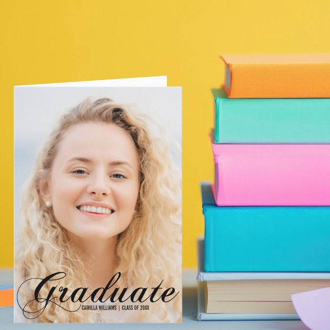 Elegant Graduation Photo Black Script Folded Announcement (Creator Uploaded)
