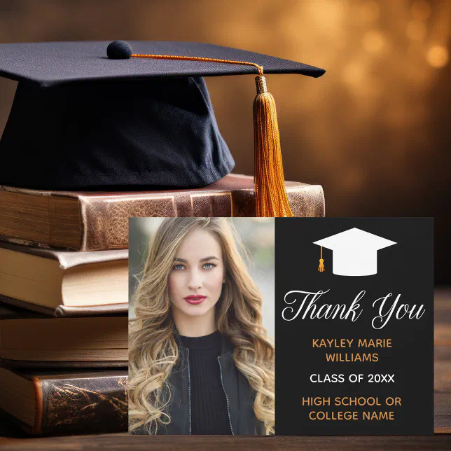 Elegant Graduation Photo Personalized Black Gold Thank You Card | Zazzle