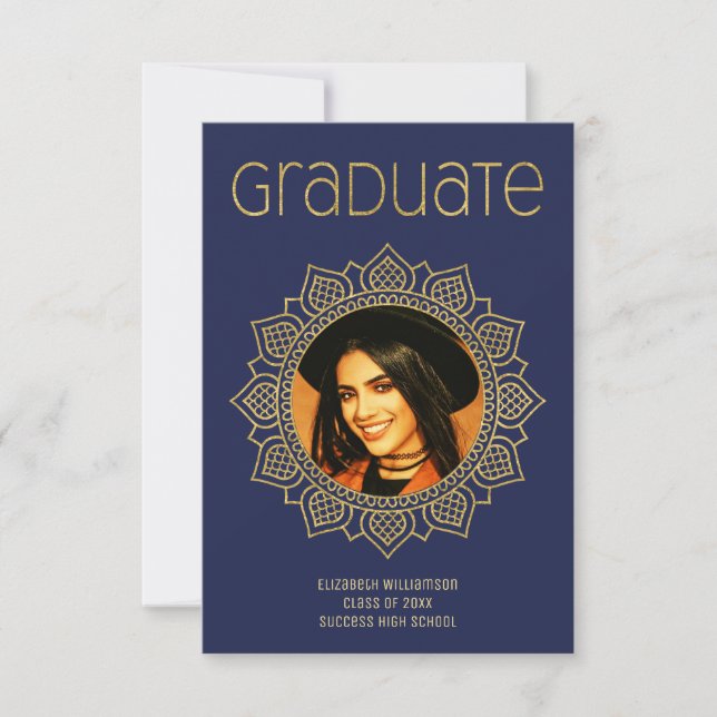 Elegant Graduation School Mandala Gold Blue Announcement (Front)