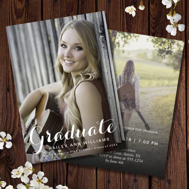 Grad Party Invite Script Elegant Graduation Script 2-sided Photo Grad Party Invitation | Zazzle