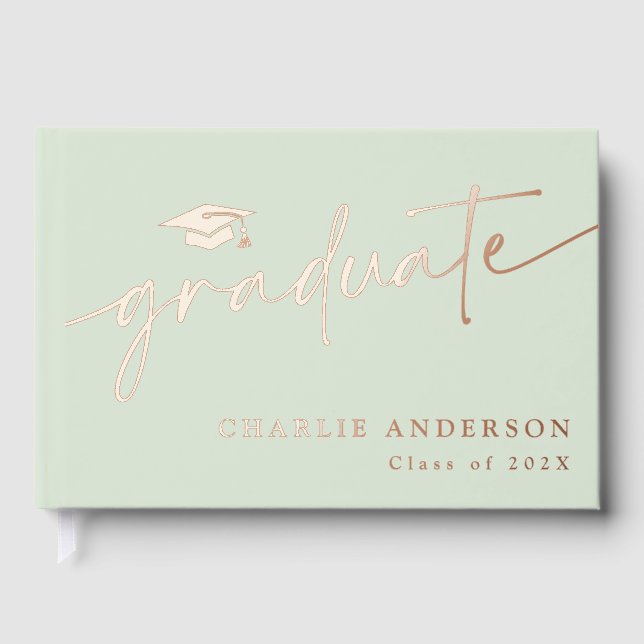 Elegant graduation script graduate cap light sage foil guest book  (Front)