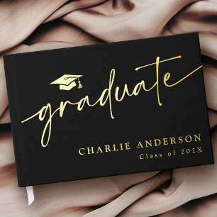 Elegant graduation script graduate cap name real foil guest book