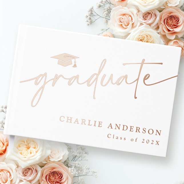 Elegant graduation script graduate cap name white foil guest book  (Elegant graduation script graduate cap name white foil guest book)