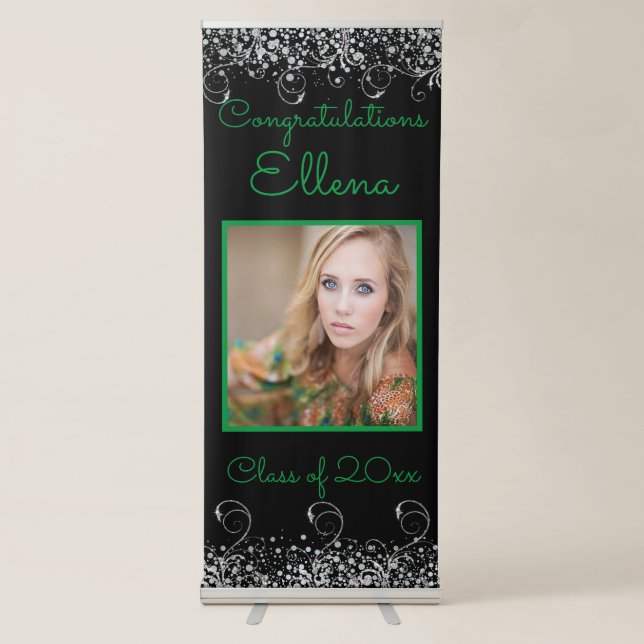 Elegant Graduation Silver Glitter Black & Green Retractable Banner (Front)