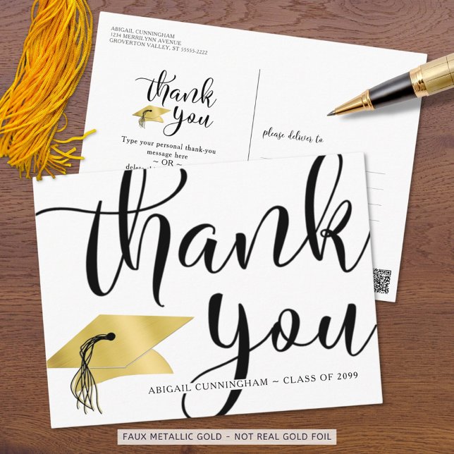 Elegant Graduation Thank You Faux Metallic Gold Postcard (Creator Uploaded)