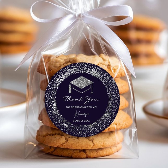 Elegant Graduation Thank You Sticker - silver Cap (silver glitter accents, #graduationparty, #classof2025 #luxurysticker,#shinyandsparkles,)