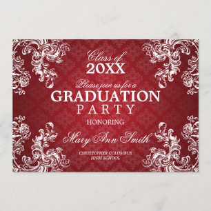 Elegant Graduation Vintage Royal Scroll Red Invitation