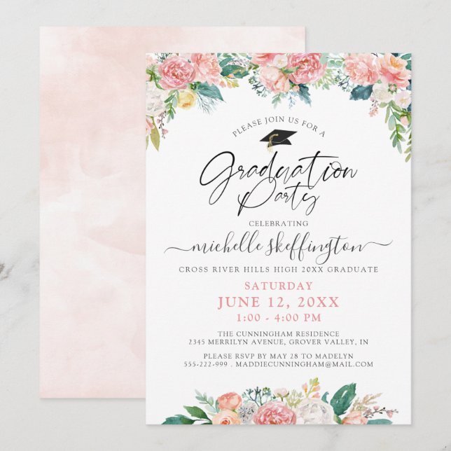 Elegant Graduation Watercolor Floral Script Pink Invitation (Front/Back)