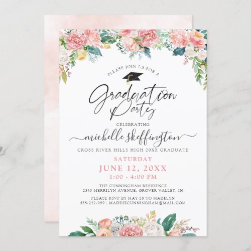 Elegant Graduation Watercolor Floral Script Pink Invitation