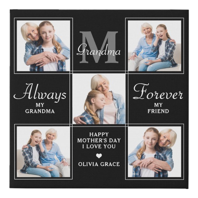 Elegant GRANDMA 5 Photo Collage Monogram Poem Faux Canvas Print (Front)