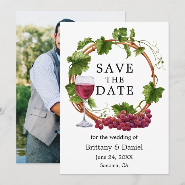 Elegant Grape Vines Watercolor Wreath Photo Save The Date (Front/Back)