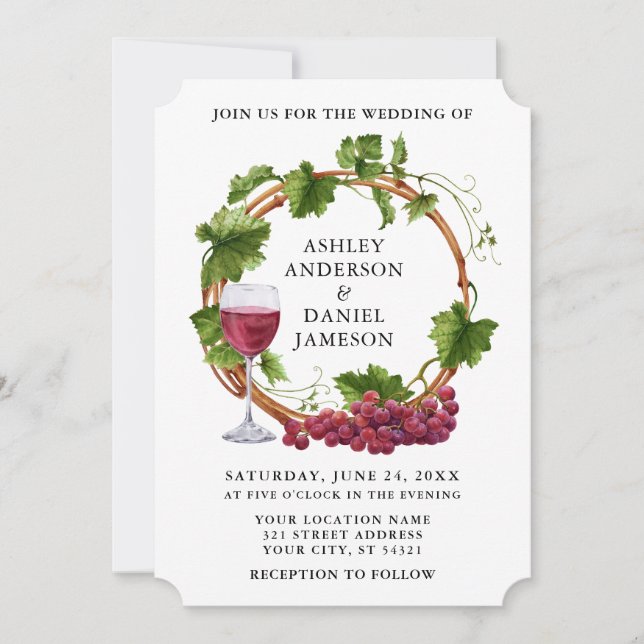 Elegant Grape Vines Watercolor Wreath Wedding Invitation (Front)