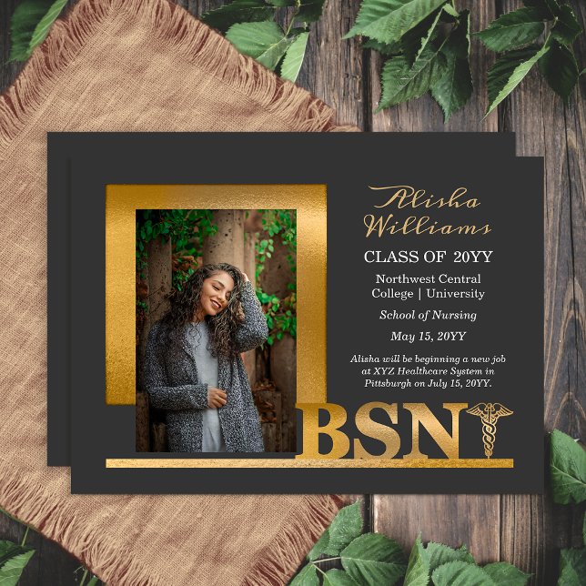 Elegant Graphite Gold BSN Nursing Graduation 2026  Announcement (Elegant graphite and gold BSN graduation announcement with modern photo layout)