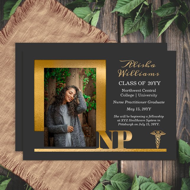 Elegant Graphite Gold NP Nurse Practitioner Gradua Announcement (Elegant graphite and gold NP graduation announcement with modern photo layout)