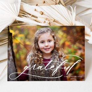Elegant Grateful Bold Script Photo Thanksgiving Holiday Card