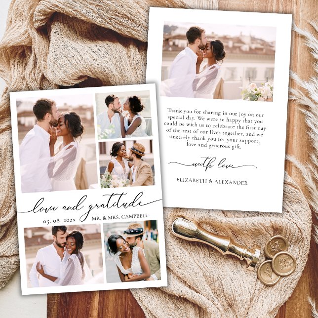  Elegant Gratitude Script 6 Photo Collage Wedding  Thank You Card (Creator Uploaded)