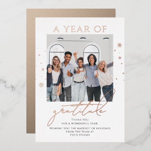 Elegant Gratitude Script Photo Corporate Business Foil Holiday Card (Front/Back)