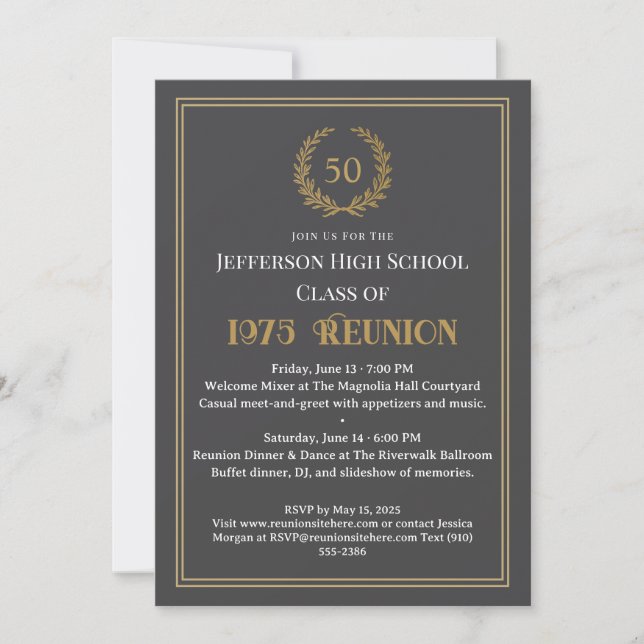 Elegant Gray 50 Year Class Reunion Laurel Wreath Invitation (Front)