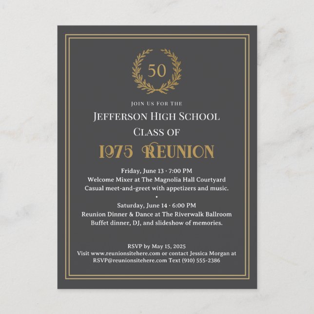 Elegant Gray 50 Year Class Reunion Laurel Wreath  Postcard (Front)