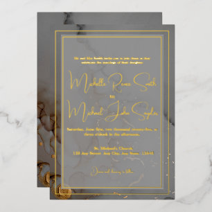 Elegant Gray Alcohol Ink Wedding Gold Foil Invitation