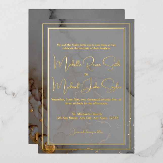 Elegant Gray Alcohol Ink Wedding Gold Foil Invitation (Front/Back)
