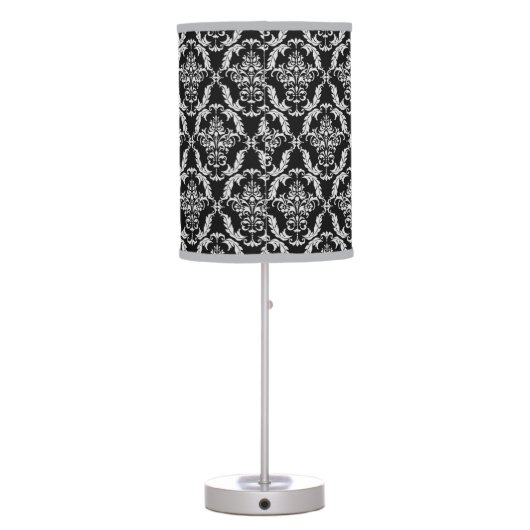 Elegant Gray and Black Damask Pattern Table Lamp (Back)