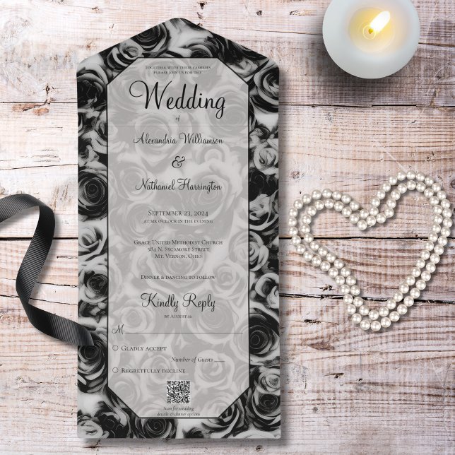Elegant Gray and Black Roses QR Code All In One Invitation (Creator Uploaded)