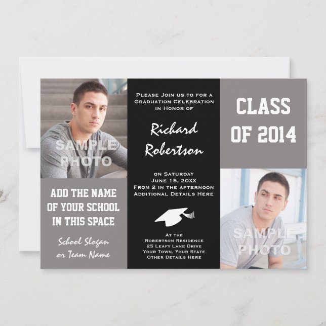 Elegant Gray and Black Young Man's Graduation 2014 Invitation (Front)
