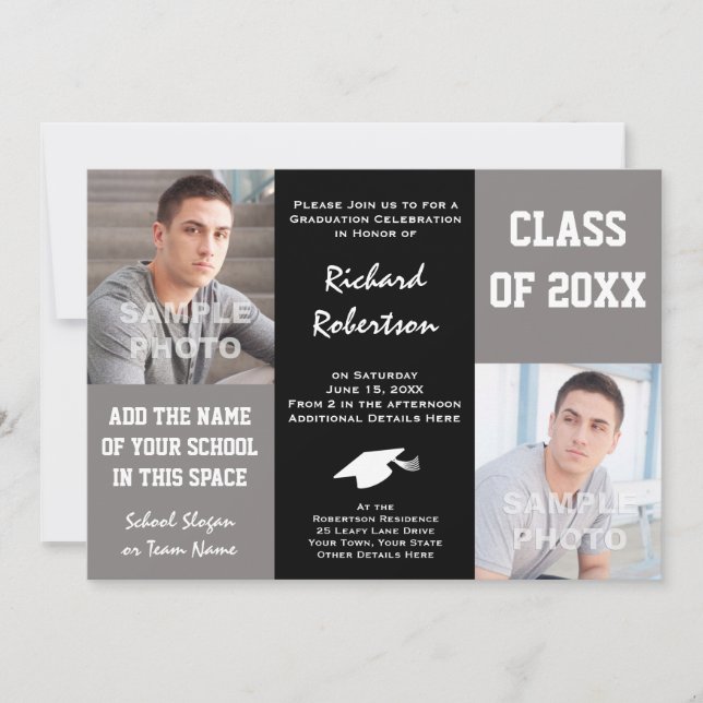 Elegant Gray and Black Young Man's Graduation Invitation (Front)