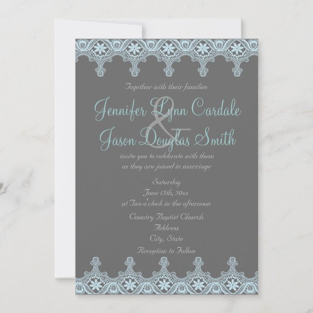 Elegant Gray and Blue Lace Wedding Invitations (Front)