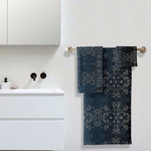 Elegant Gray And Blue Metallic Damask Pattern Bath Towel Set