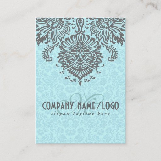 Customizable Elegant Gray And Blue Vintage Floral Damasks Business Card Template