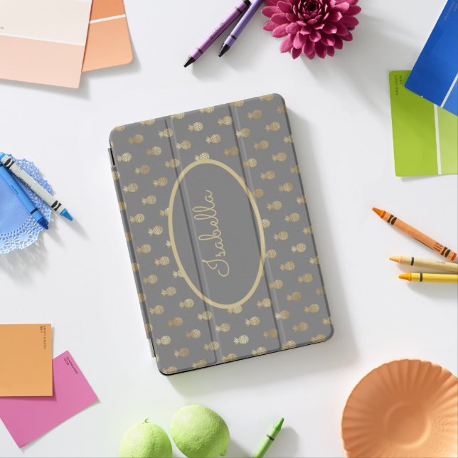 Elegant Gray and Gold Pineapple Personalized  iPad Pro Cover (Desk)