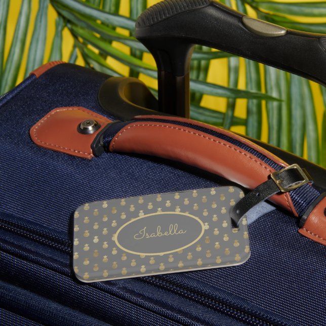 Elegant Gray and Gold Pineapple Personalized  Luggage Tag (Front Insitu 3)