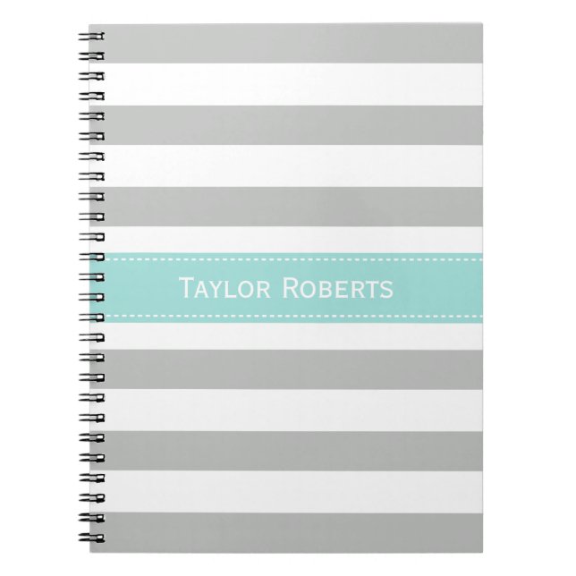 Elegant Gray and Mint Green Stripes Pattern Notebook (Front)