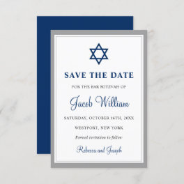 Elegant Gray and Navy Blue Bar Mitzvah 3.5" x 5" Save The Date
