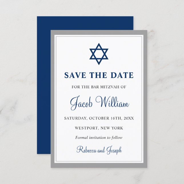 Elegant Gray and Navy Blue Bar Mitzvah 3.5" x 5" Save The Date (Front/Back)
