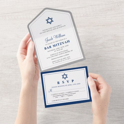 Elegant Gray and Navy Blue Bar Mitzvah All In One All In One Invitation