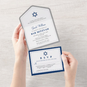 Elegant Gray and Navy Blue Bar Mitzvah All In One Invitation