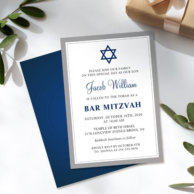 Elegant Gray and Navy Blue Bar Mitzvah Invitation (Creator Uploaded)