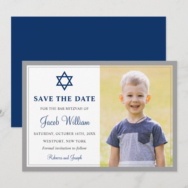 Elegant Gray and Navy Blue Bar Mitzvah Photo Save The Date (Front/Back)