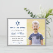 Elegant Gray and Navy Blue Bar Mitzvah Photo Save The Date (Standing Front)