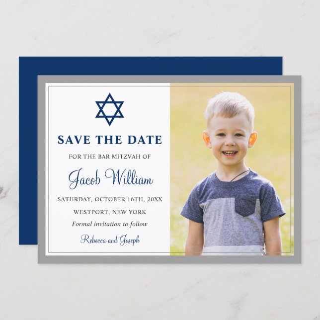 Elegant Gray and Navy Blue Bar Mitzvah Photo Save The Date (Front/Back)