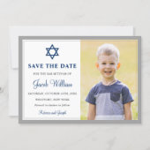 Elegant Gray and Navy Blue Bar Mitzvah Photo Save The Date (Front)