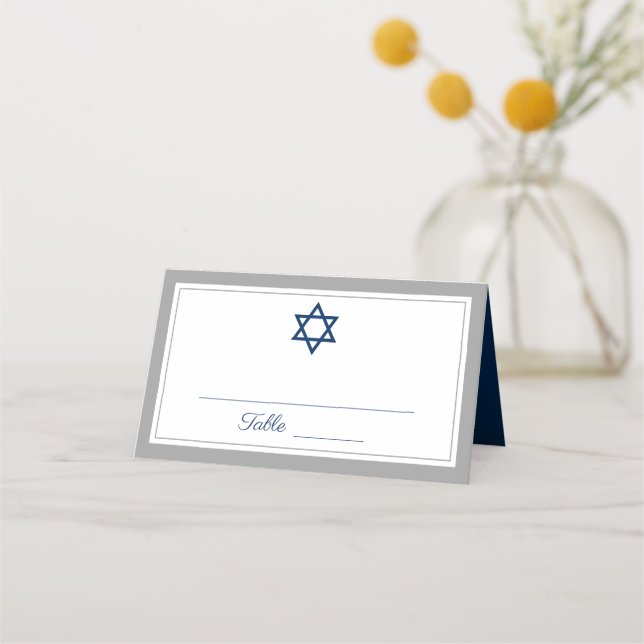 Elegant Gray and Navy Blue Bar Mitzvah Place Card (Front)